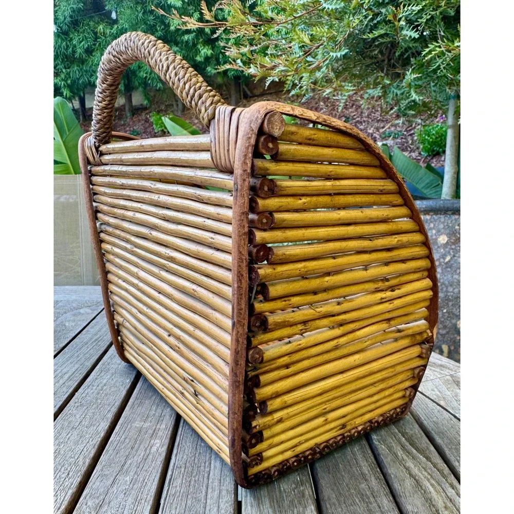 Vintage Rattan Wall Pocket Basket, Bamboo Magazine and Mail Organizer 12x10 x 6